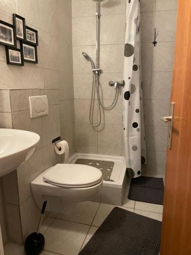y baño con ducha, aseo y lavamanos. en Köln Apartment II, en Colonia
