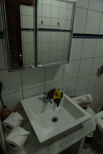 a bathroom with a sink with a flower on it at Pousada Vila Canoa in Canoa Quebrada