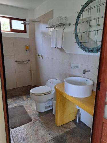 uma casa de banho com um WC, um lavatório e um espelho. em Posada Nautica em Mazunte