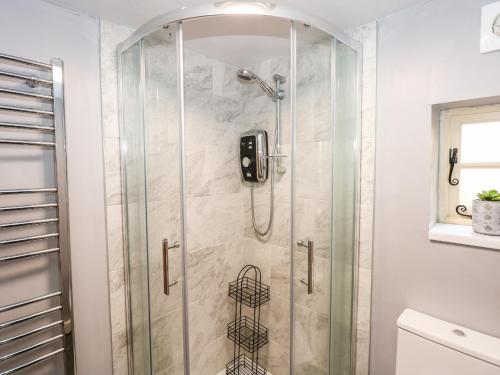y baño con ducha y puerta de cristal. en Butterfly Cottage en Alford