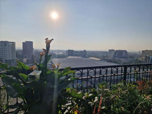 a flower on top of a balcony with a city at Zemilo Hotel Apartment in Addis Ababa