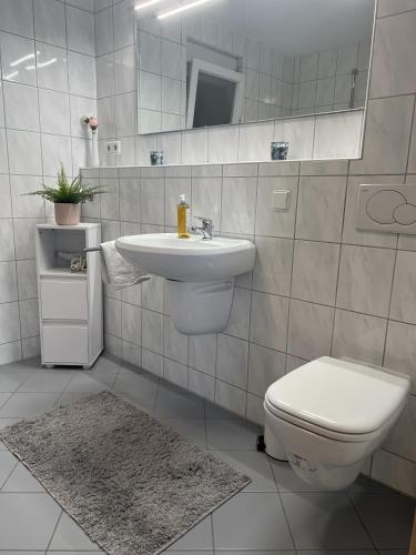 Ferienwohnung Wohlfühloase في Oberrimsingen: حمام مع حوض ومرحاض ومرآة