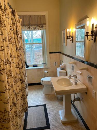 a bathroom with a sink and a toilet and a window at The Hollinger House in Lancaster