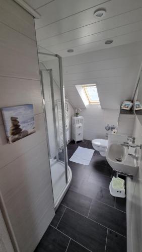 a bathroom with a shower and a sink and a toilet at Fewo Spiegelberg in Loxstedt
