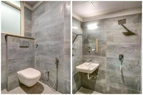 two pictures of a bathroom with a toilet and a sink at JPS DELIGHT HOTEL in New Delhi