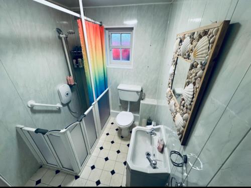 ein Badezimmer mit einem WC, einem Waschbecken und einem Spiegel in der Unterkunft West Wittering Family Home in West Wittering