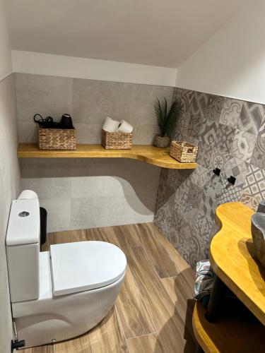 ein Badezimmer mit einem WC und einem Regal an der Wand in der Unterkunft Apartamento Peña Cortada in Alhama de Aragón