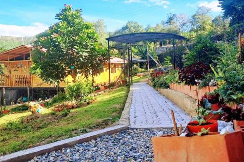 a garden with a stone path and a blue umbrella at Cabaña Caracolí. Tranquilidad vía a la laguna in Ubaque