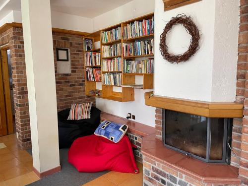 a living room with a fireplace and bookshelves at Rekreační dům Pod Třešní Střílky in Střílky