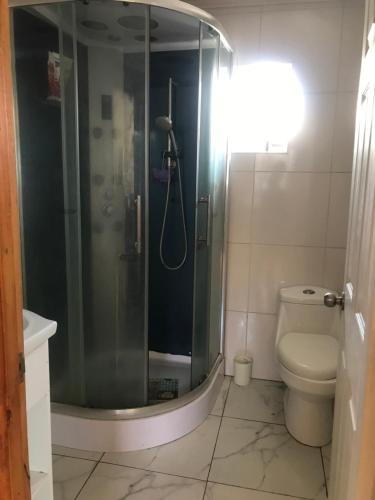 uma casa de banho com um chuveiro e um WC. em No está disponible em El Tabo