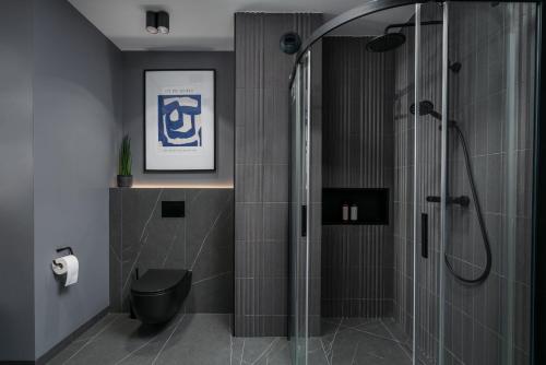 a bathroom with a shower and a toilet at Nice View Apartment, Free Underground Parking, City Square 6 min in Wrocław