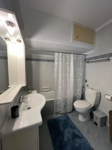 a bathroom with a white sink and a toilet at Parma’s Pool apartment in Perea