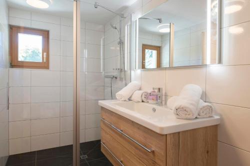 La salle de bains est pourvue d'un lavabo, d'une douche et d'un miroir. dans l'établissement Drei Türme Top A4, à Schruns