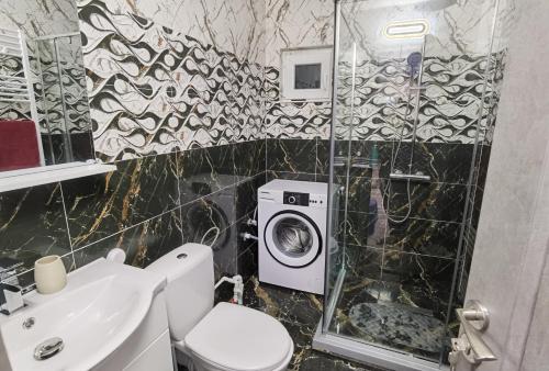 y baño con ducha y lavadora. en Apartament Epic H, en Gura Humorului