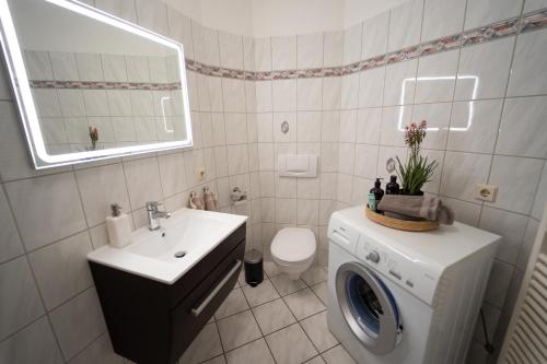een badkamer met een wasmachine en een wastafel bij Charles & Kätchen living Gohlis in Leipzig