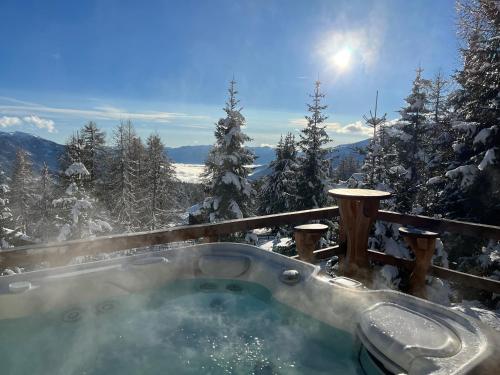 a hot tub in the snow with snow covered trees at Almhütte Kärnten in Maltaberg
