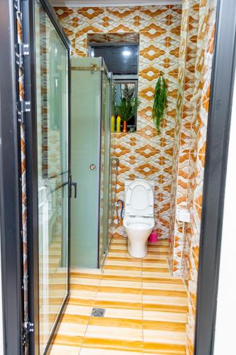 a bathroom with a toilet and a walk in shower at Luxury Studio @ Twiga House in Kigali