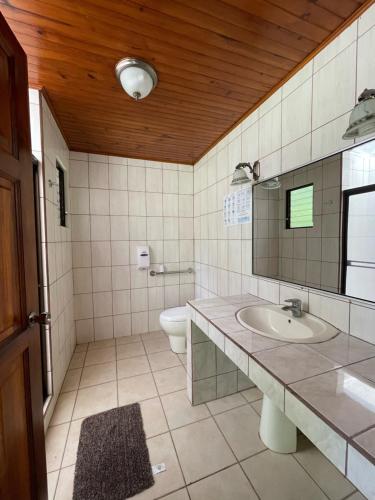 ein Badezimmer mit einem WC, einem Waschbecken und einem Spiegel in der Unterkunft Albergue Pozo Verde in Quesada