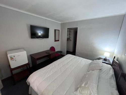 a bedroom with a bed and a desk and a television at NEW HOTEL CRUZ DEL SUR in Concepción