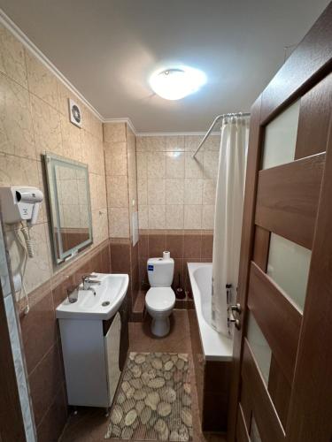 La salle de bains est pourvue de toilettes et d'un lavabo. dans l'établissement Larisa, à Berehove