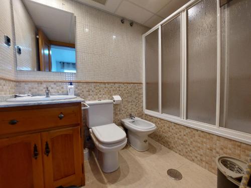 een badkamer met een toilet, een wastafel en een spiegel bij APARTAMENTO PLAZA DEL AYUNTAMIENTO con PARKING in Linares
