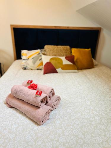 uma cama com duas toalhas dobráveis em Le Rennais - Gare & centre ville em Rennes
