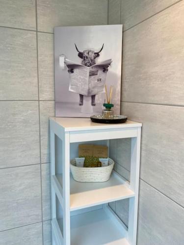 a shelf with a picture of a cow and a newspaper at Schwarzwaldliebe Ferienwohnung mit eigenem Garten in Gaggenau