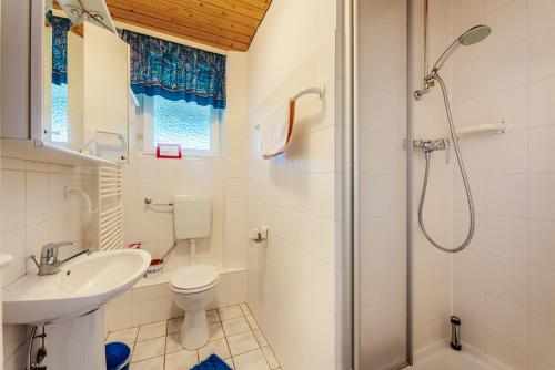 La salle de bains est pourvue d'une douche, de toilettes et d'un lavabo. dans l'établissement Haus Tippe, à Braunlage