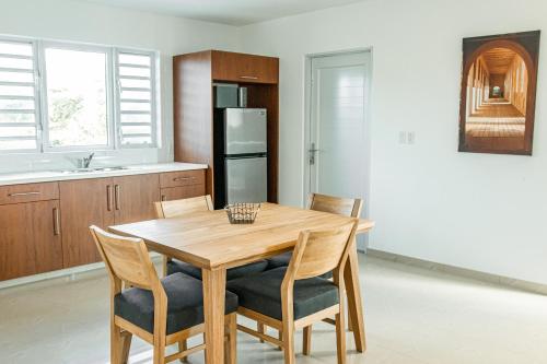 a kitchen with a wooden table with chairs and a refrigerator at Lyra Vacation Rentals in Willemstad