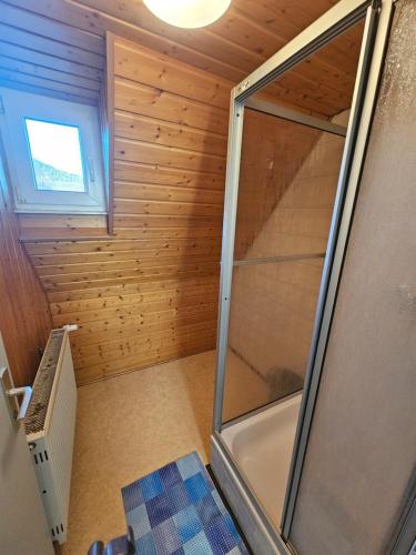 a shower in a bathroom with a wooden wall at Naturfreundehaus in Annweiler am Trifels