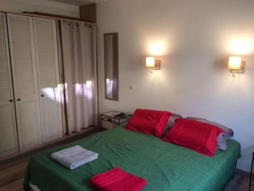 ein Schlafzimmer mit einem grünen Bett mit roten Kissen in der Unterkunft SEJOUR DETENTE BALAGNE ENTRE MER ET MONTAGNE in Urtaca