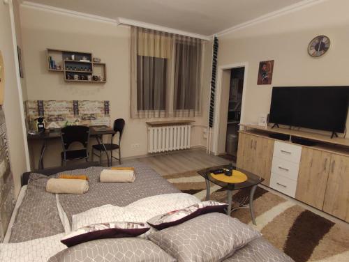 sala de estar con sofá y TV de pantalla plana en Hírös Home en Kecskemét
