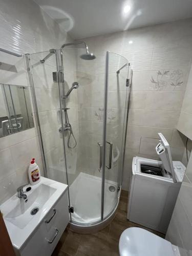 a bathroom with a shower and a toilet and a sink at Brand new apartment in the heart of Bratislava in Bratislava