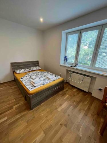 a bedroom with a bed in a room with a window at Brand new apartment in the heart of Bratislava in Bratislava