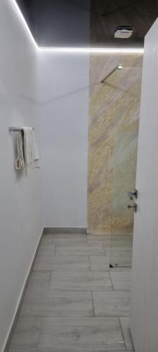 a bathroom with a glass shower and a tile floor at Roman Residence in Roman