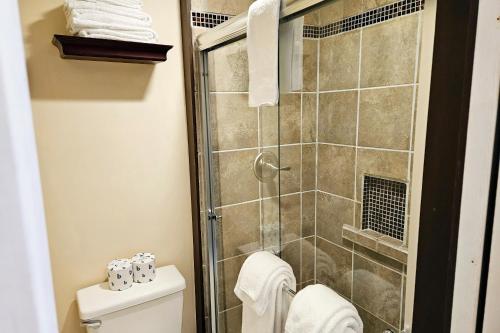 a bathroom with a shower and a toilet at Riverbank Motel and Cabins Managed by Vacasa in Lincoln