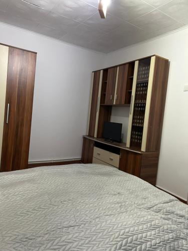 a bedroom with a bed and a cabinet with a television at Garsoniera TOMMY - STRAJA in Lupeni