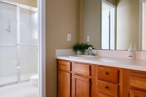 a bathroom with a sink and a toilet and a mirror at Peaceful Haven on Outskirts in Wake Forest
