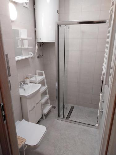 a bathroom with a shower and a sink at Przystanek Krupówki in Zakopane