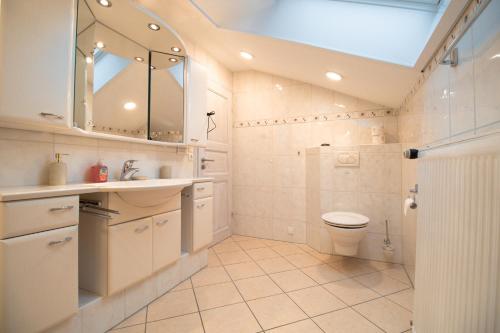 a bathroom with a sink toilet and a mirror at FineApartment Alt Duvenstedt in Alt Duvenstedt