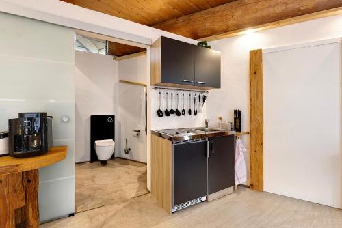a kitchen with a refrigerator and a sink in a room at Albchalet in Rosenfeld