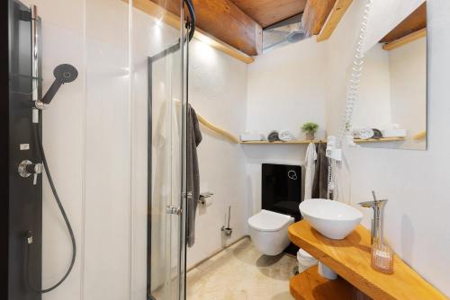 a bathroom with a shower and a toilet at Albchalet in Rosenfeld