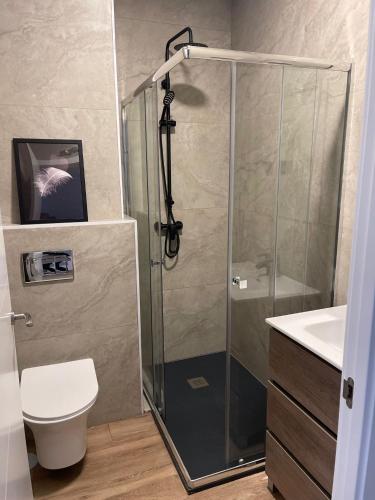 a bathroom with a shower with a toilet and a sink at Exyca Metropolitano in Madrid