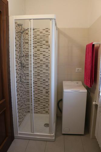 a bathroom with a shower and a washer and dryer at Appartamenti via Calnova in Noventa di Piave