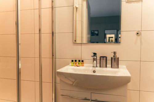 La salle de bains est pourvue d'un lavabo et d'un miroir. dans l'établissement Kamieniec No5 Apartments, à Zakopane
