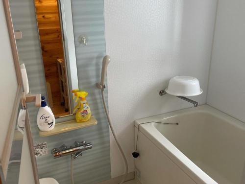 ein Badezimmer mit einer Badewanne, einem Waschbecken und einem Spiegel in der Unterkunft Biwako Hills - Vacation STAY 27815v in Takashima