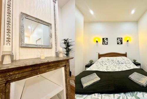 um quarto com uma cama com um espelho e uma lareira em LeCosyWood1*Centre-Ville*TV*WIFI em Calais