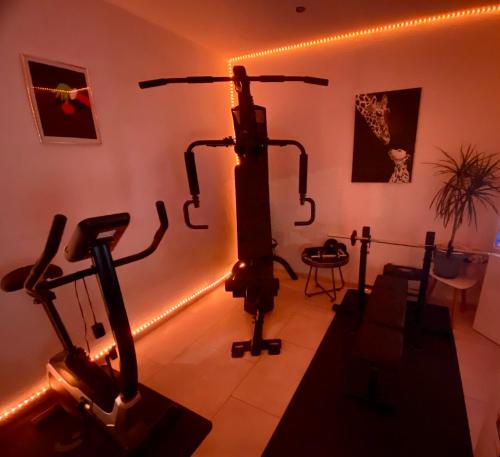 a room with a gym with exercise equipment in it at Schwarzwaldliebe Ferienzimmer mit Bad in Gaggenau