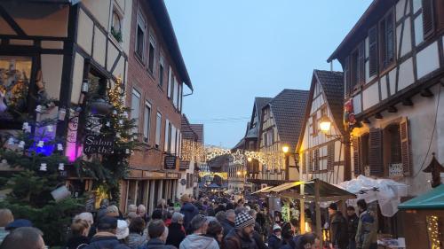 a crowd of people walking down a street with christmas lights at Chambres d'Hôtes du Marché aux Grains in Bouxwiller