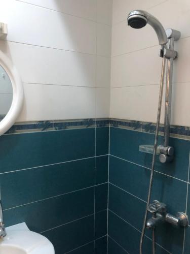 uma casa de banho com um chuveiro e um WC. em MAISON MEUBLEE SUR LE CINQUANTENAIRE... em Porto Novo